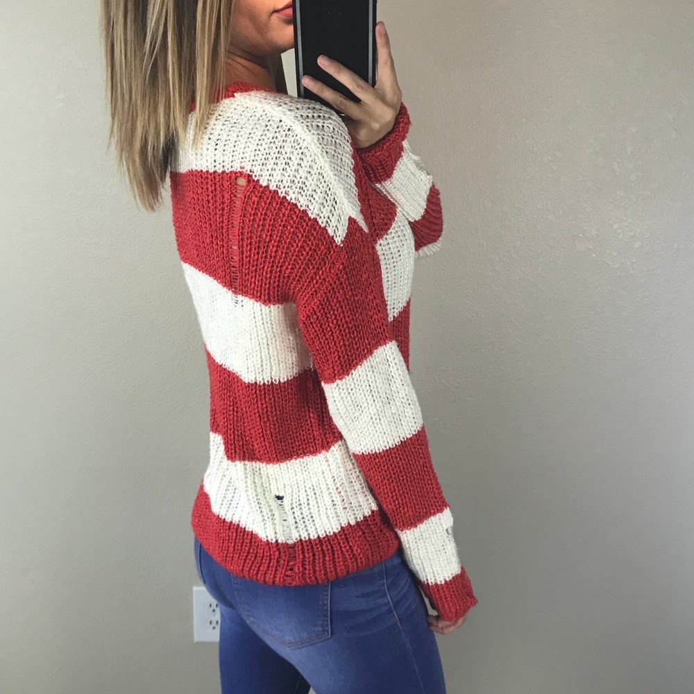 Red & White Striped Distressed Sweater - Picture 3 of 5